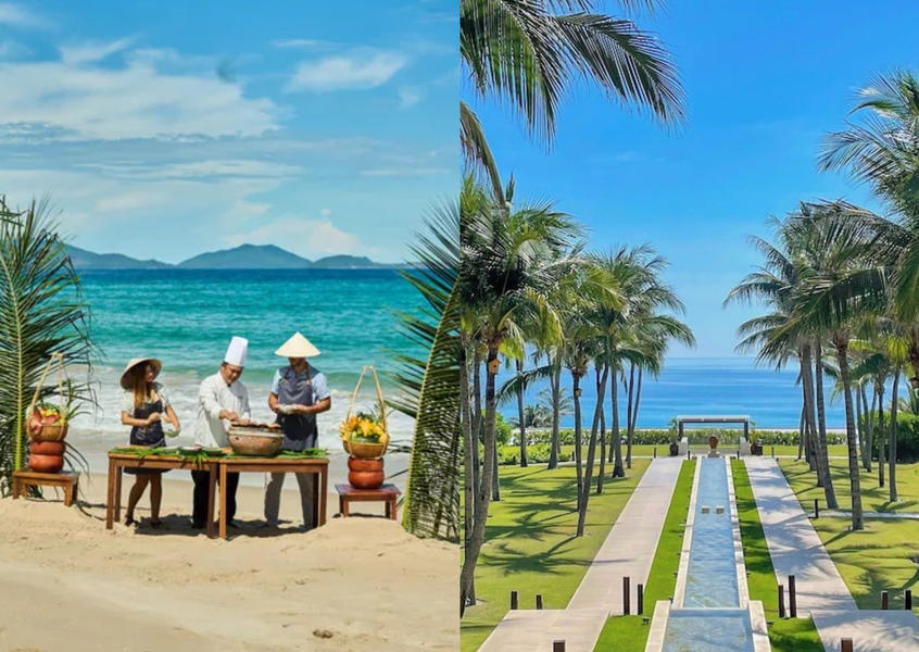 Beachside cooking class with chef and guests on the white sand beach at Fusion Resort Cam Ranh