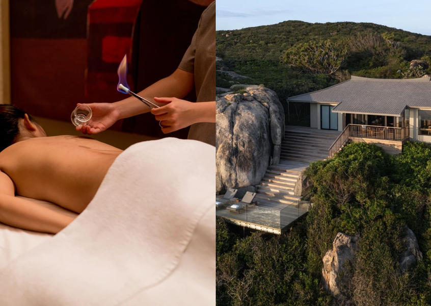 Fire cupping therapy treatment at Amanoi spa alongside an aerial view of the resort's clifftop villas