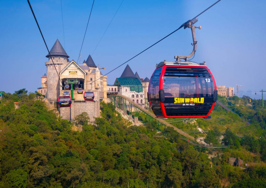 Sun World Ba Na Hills cable car ascending toward the castle-style station near Da Nang