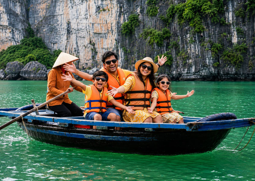 Family on a traditional rowboat in Ha Long Bay with limestone karst cliffs in the background