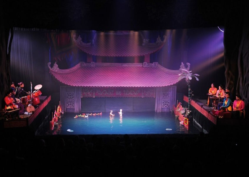 Thang Long Water Puppet Theatre stage with wooden puppets on water Hanoi