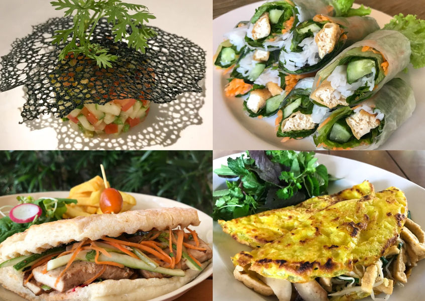 Four-dish sampler: salad, spring rolls, banh mi, banh xeo