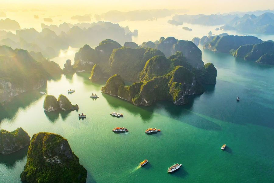 Aerial view of Halong Bay limestone karsts at sunrise