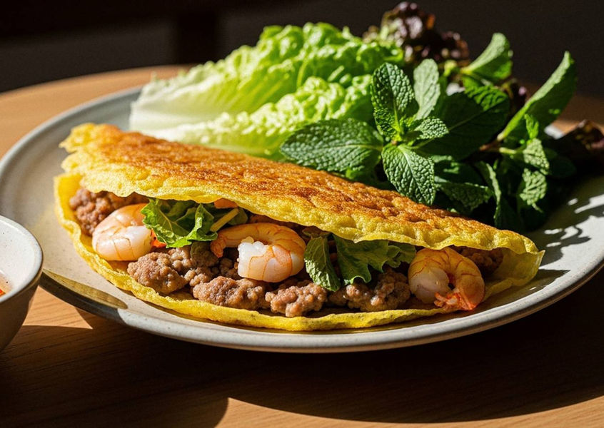 Folded banh xeo pancake with shrimp and pork at Premier Village