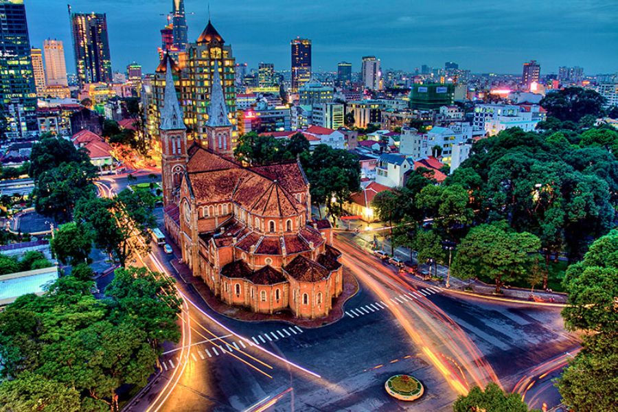 Saigon Notre-Dame Cathedral aerial view at night