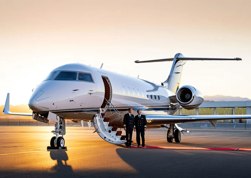 Pilots beside private jet with stairs at sunset