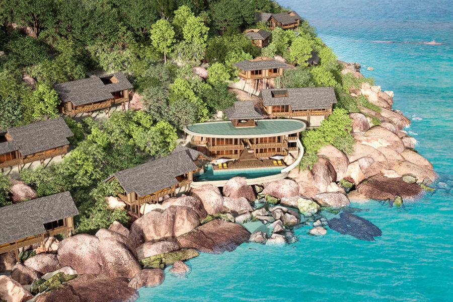 Aerial rendering of pool villas built into a rocky hillside above the sea at a private bay resort near Nha Trang